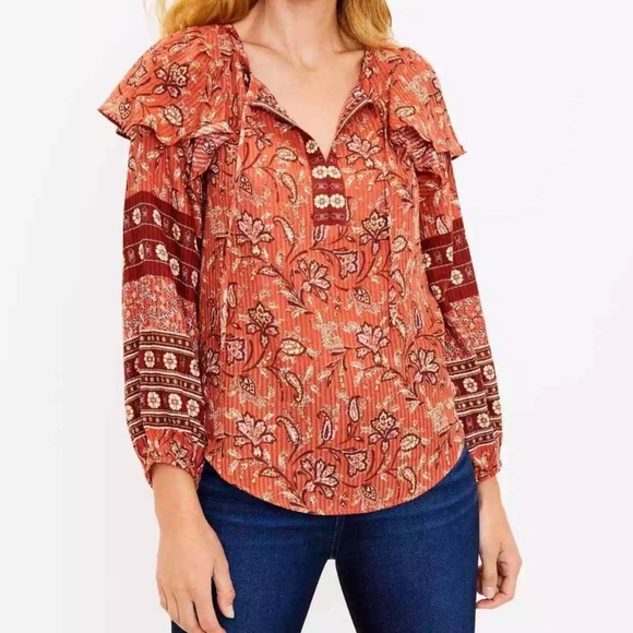 LOFT Tops - LOFT Auburn Bouquet‎ Boho ruffle split neck floral print blouse top Sz XL